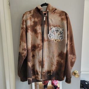 Tie Dye Bleach Dye Brown Gray Full Zip Tiger Hoodie Sz XL Unisex Snow Tiger